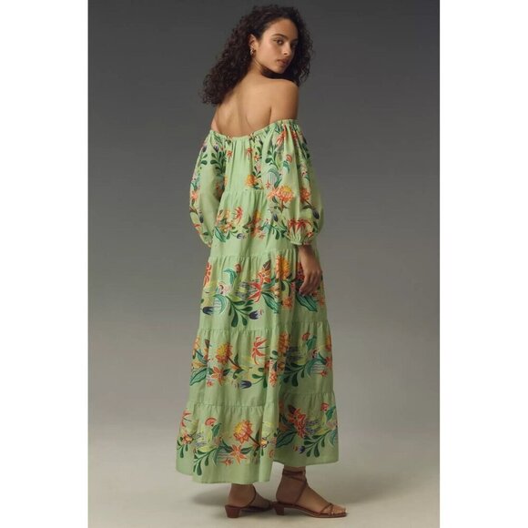 NWT Farm Rio x Anthropologie Tiered Floral Midi Dress Green Size XXS - Picture 3 of 7